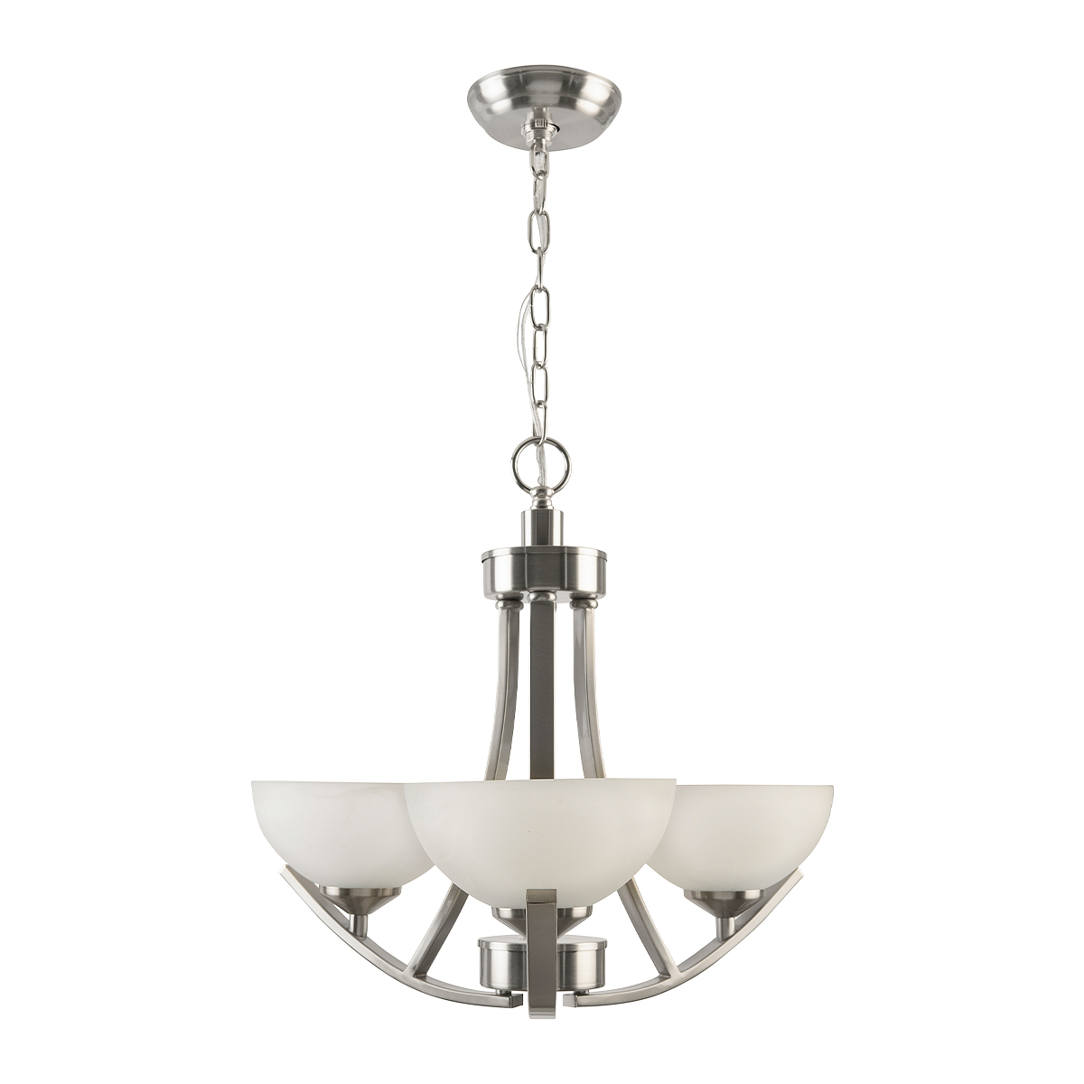 96233-3-Candil atemporal de acero y pantallas de cristal de tres luces.