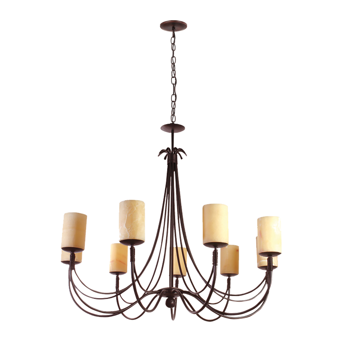 CFI9L/ONIX/O-Candil grande de 9 luces,  estructura color oxido y pantallas de onix natural.